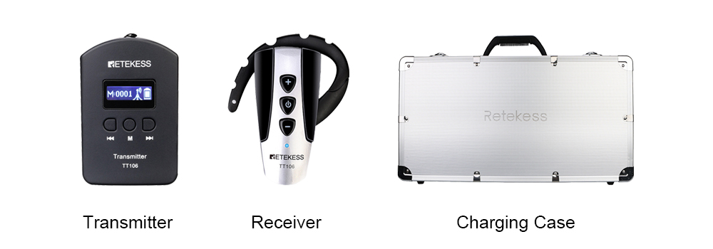 Retekess wireless tour guide system with a transmitter and a receiver and charging case